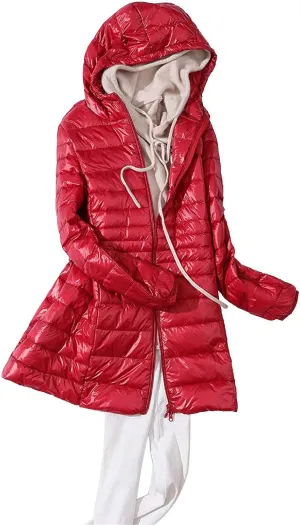Womens Jackets Winter Women's Solid Color Mid Length Hooded Down Jacket With Drawstring Slim Fit Portable Womens