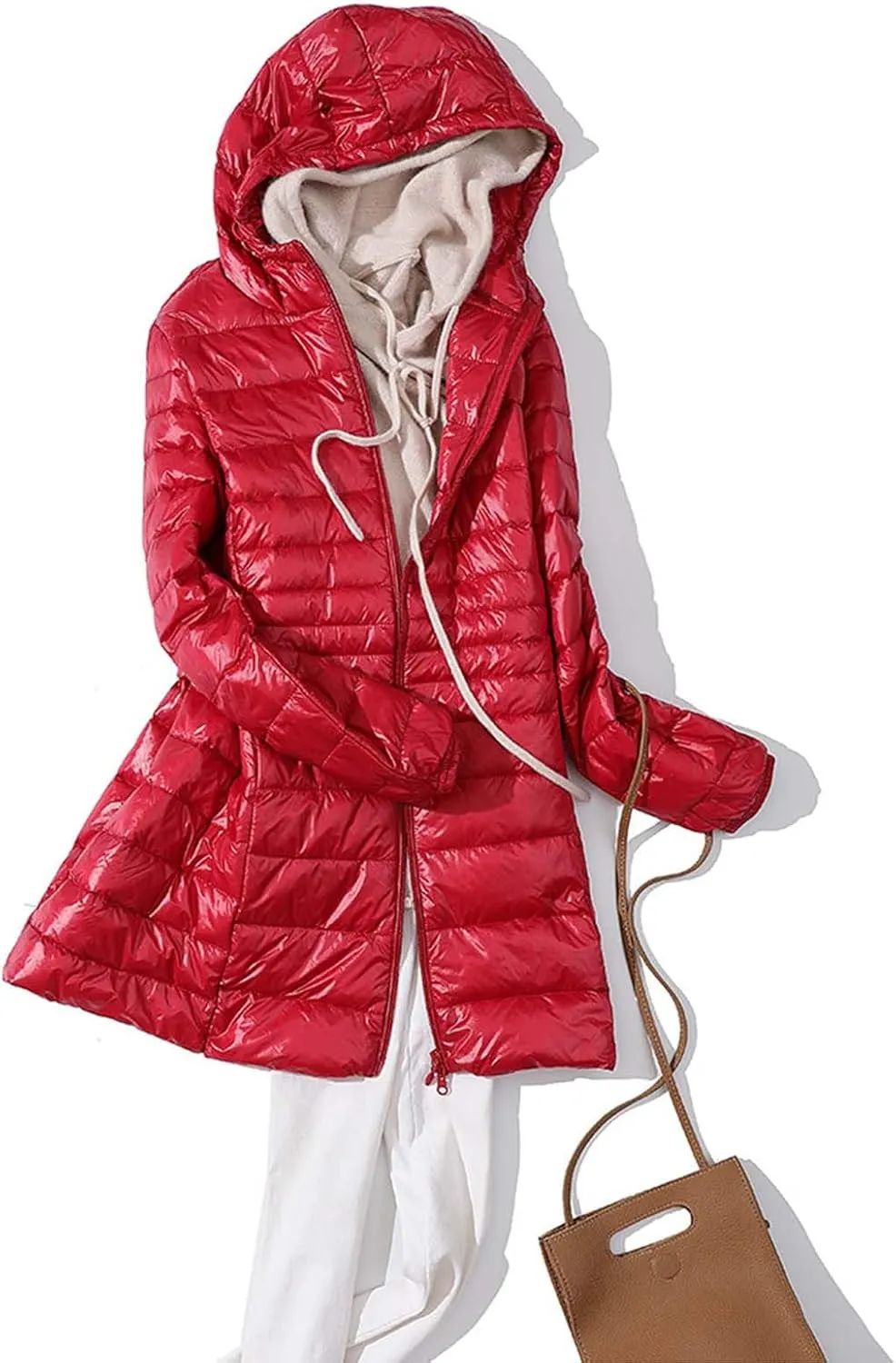 Womens Jackets Winter Women's Solid Color Mid Length Hooded Down Jacket With Drawstring Slim Fit Portable Womens