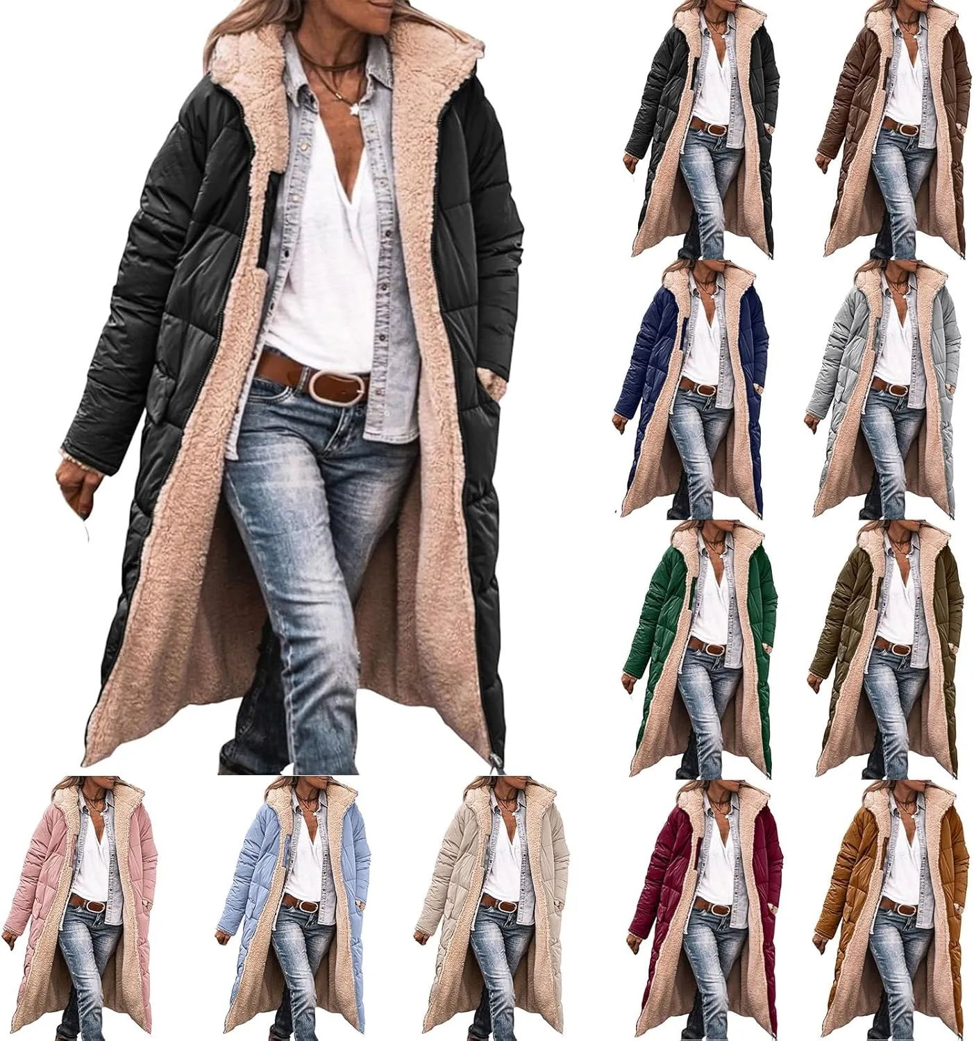 Womens Long Reversible Fleece Jacket Long Sleeve Jackets Zip Up Hoodie Pockets Warm Winter Coat Outerwear