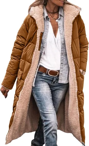 Womens Long Reversible Fleece Jacket Long Sleeve Jackets Zip Up Hoodie Pockets Warm Winter Coat Outerwear