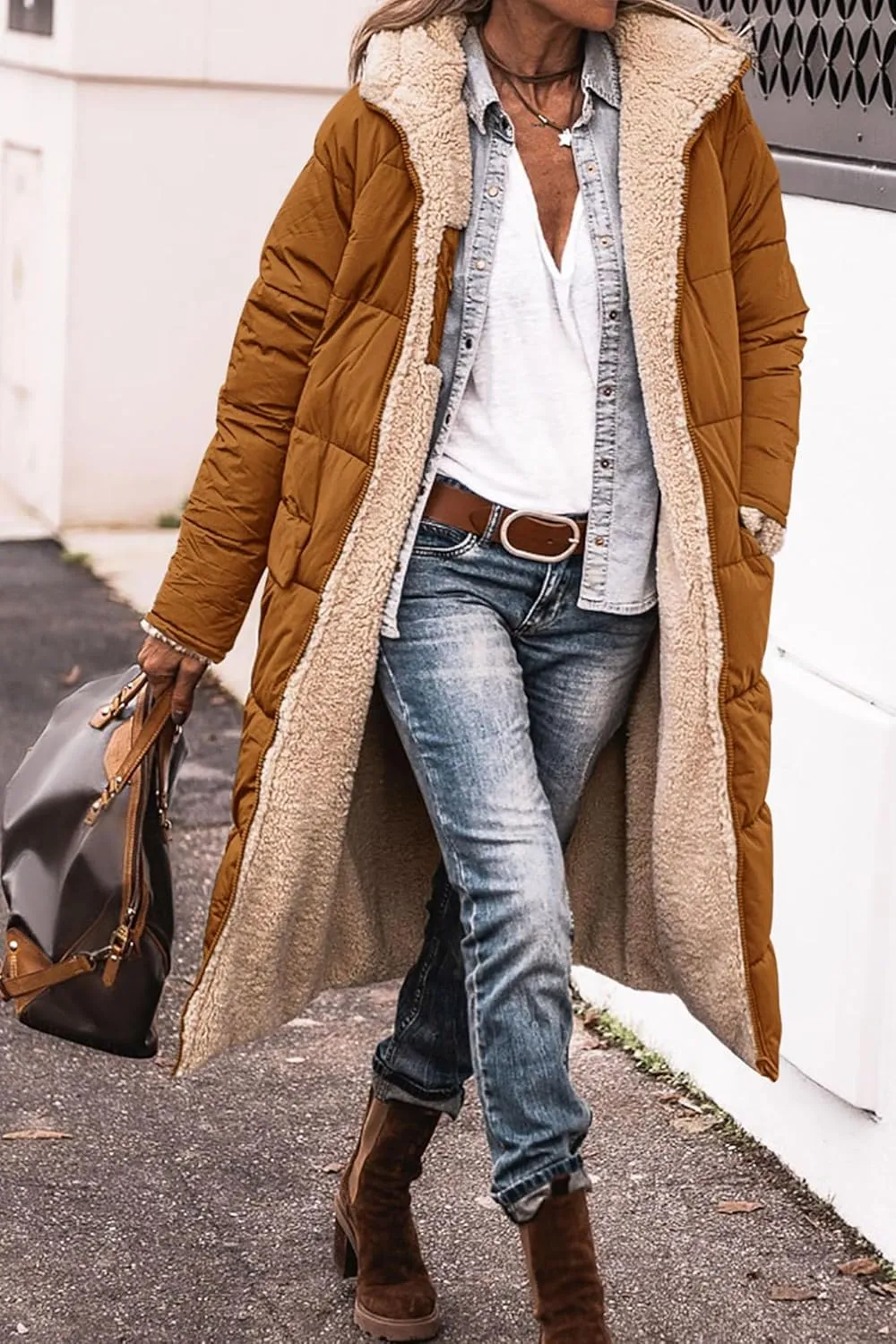 Womens Long Reversible Fleece Jacket Long Sleeve Jackets Zip Up Hoodie Pockets Warm Winter Coat Outerwear