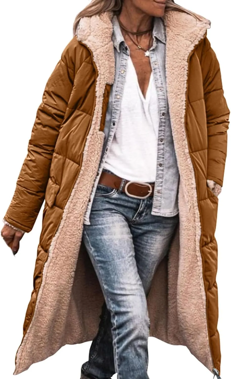 Womens Long Reversible Fleece Jacket Long Sleeve Jackets Zip Up Hoodie Pockets Warm Winter Coat Outerwear