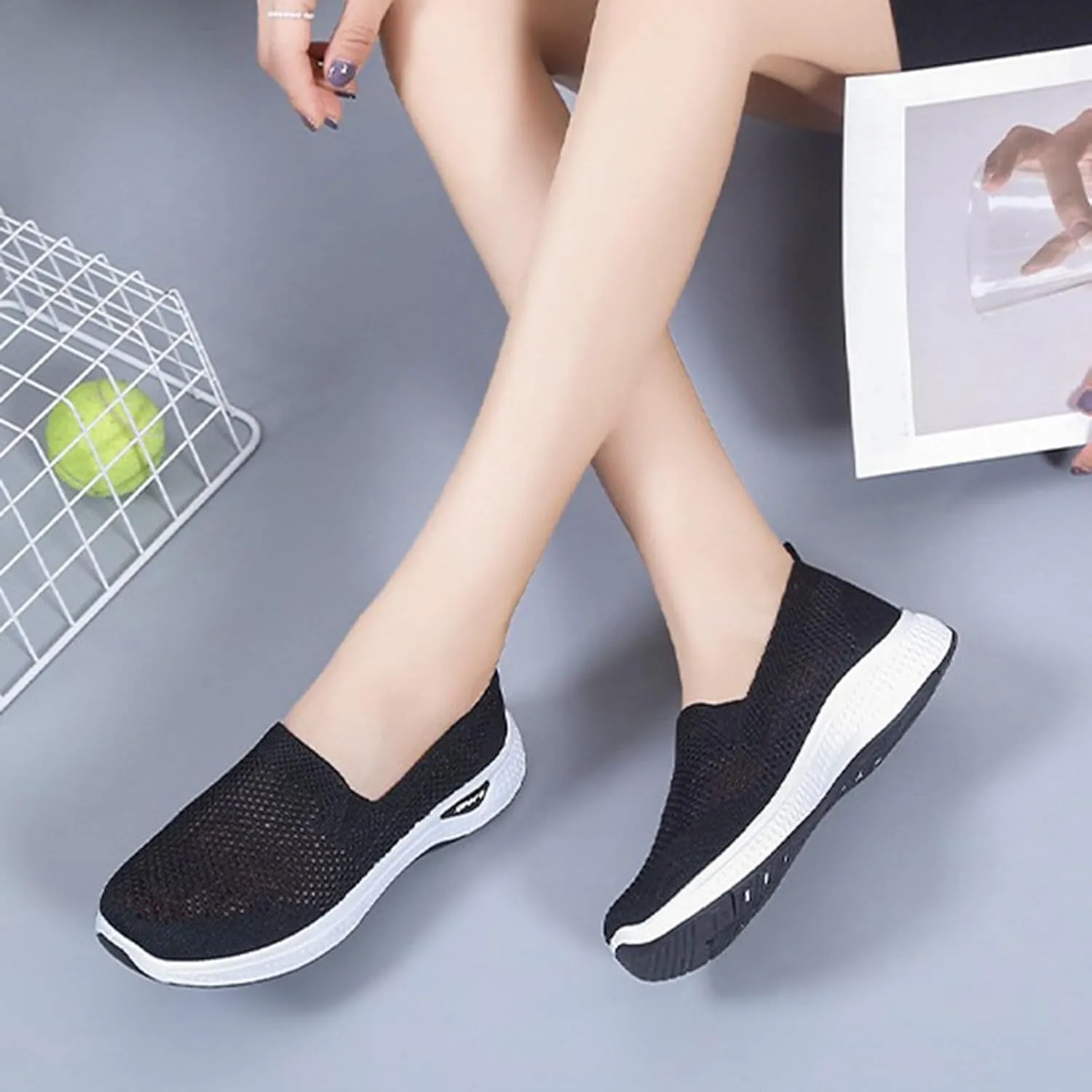 Womens Orthopedic Sneakers Slip on Walking Shoes Breathable Soft Woven Shoe Non-Slip Mesh Up Footwear Lightweight Comfortable Arch Support Sneaker