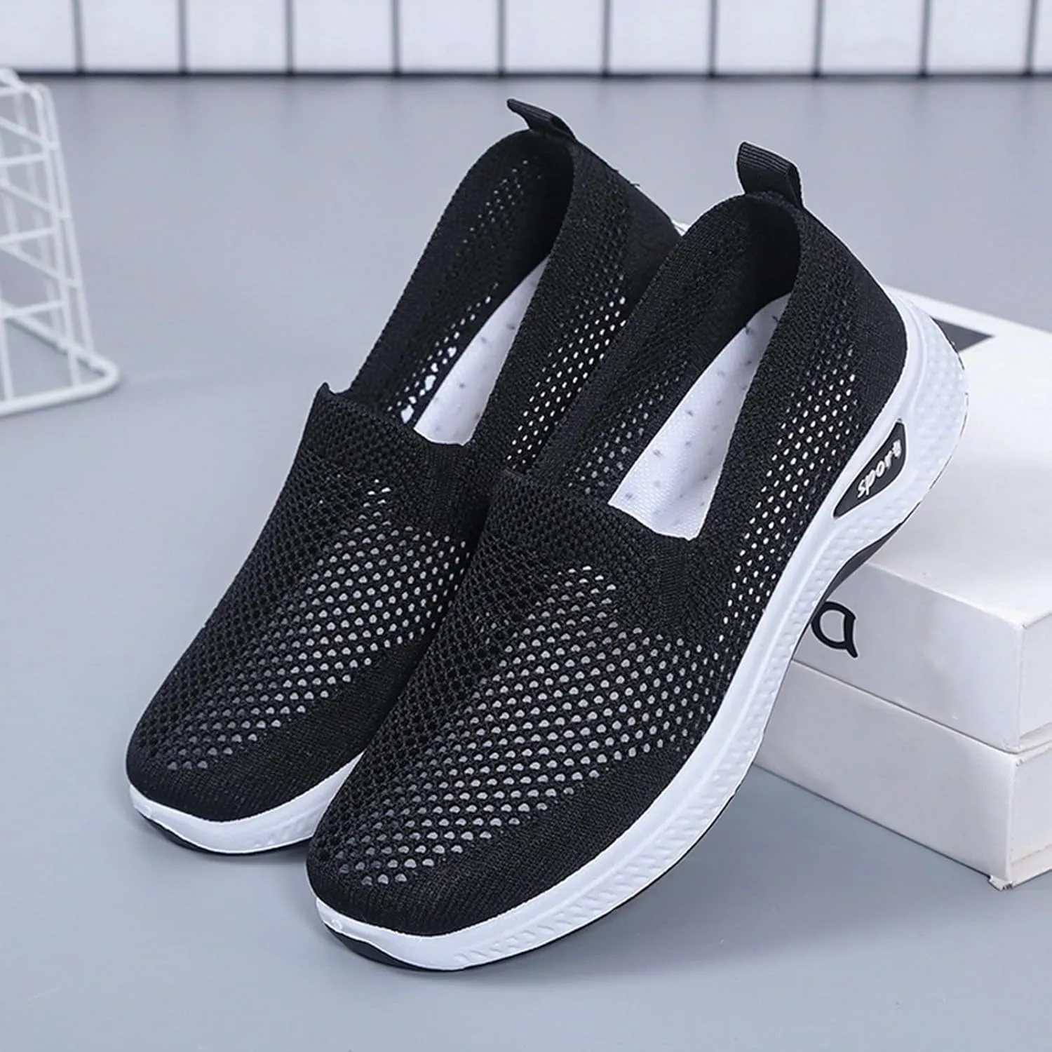 Womens Orthopedic Sneakers Slip on Walking Shoes Breathable Soft Woven Shoe Non-Slip Mesh Up Footwear Lightweight Comfortable Arch Support Sneaker