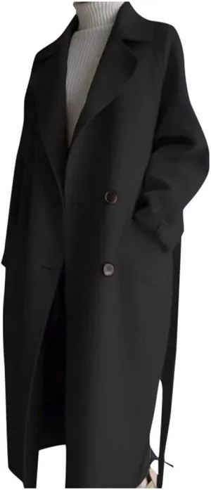 Womens Oversize Lapel Wool Blend Belt Trench Coat Outwear Jacket for Fall Women