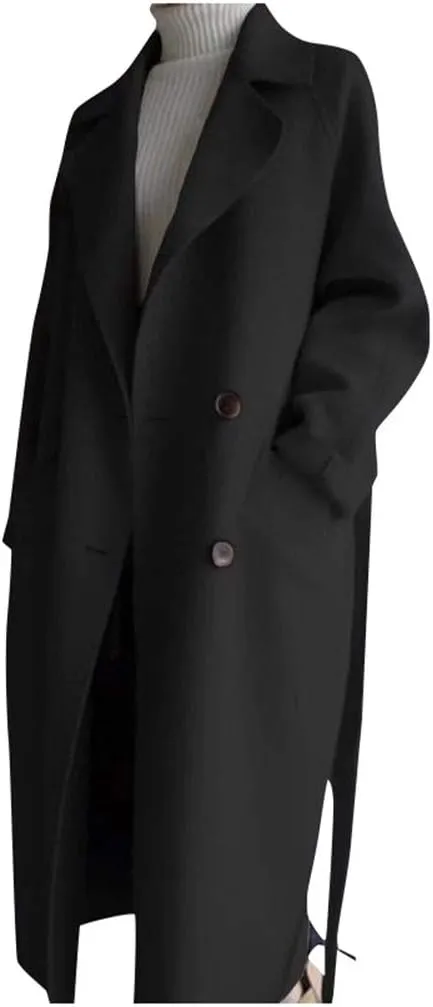 Womens Oversize Lapel Wool Blend Belt Trench Coat Outwear Jacket for Fall Women