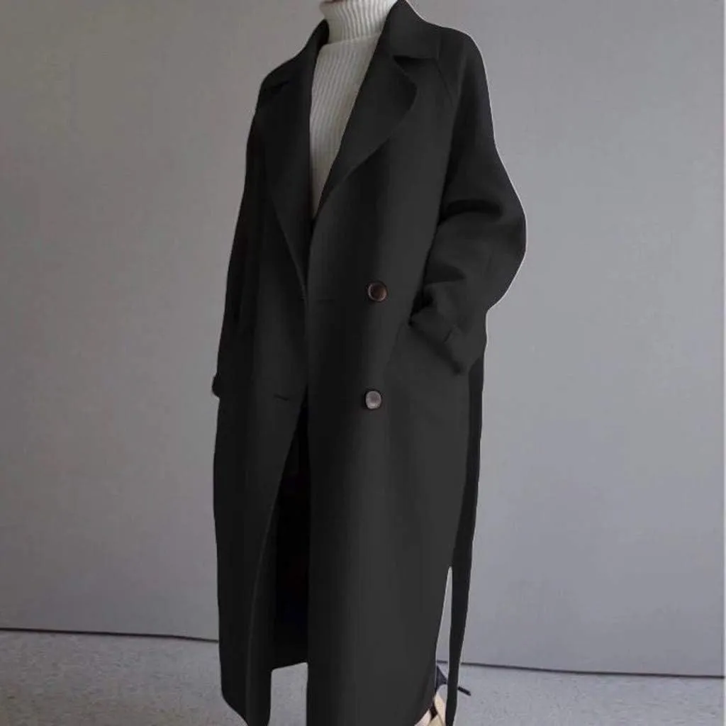 Womens Oversize Lapel Wool Blend Belt Trench Coat Outwear Jacket for Fall Women