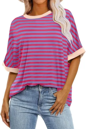 Womens Oversized T Shirts Loose Fit Crewneck Short Sleeve Casual Blouse Y2K Tee Tops Oversized Striped Shirts
