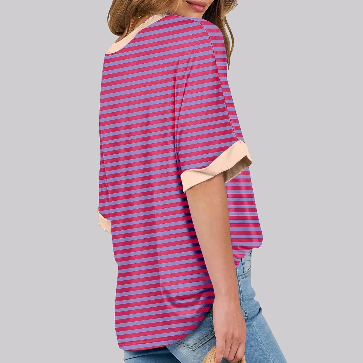 Womens Oversized T Shirts Loose Fit Crewneck Short Sleeve Casual Blouse Y2K Tee Tops Oversized Striped Shirts