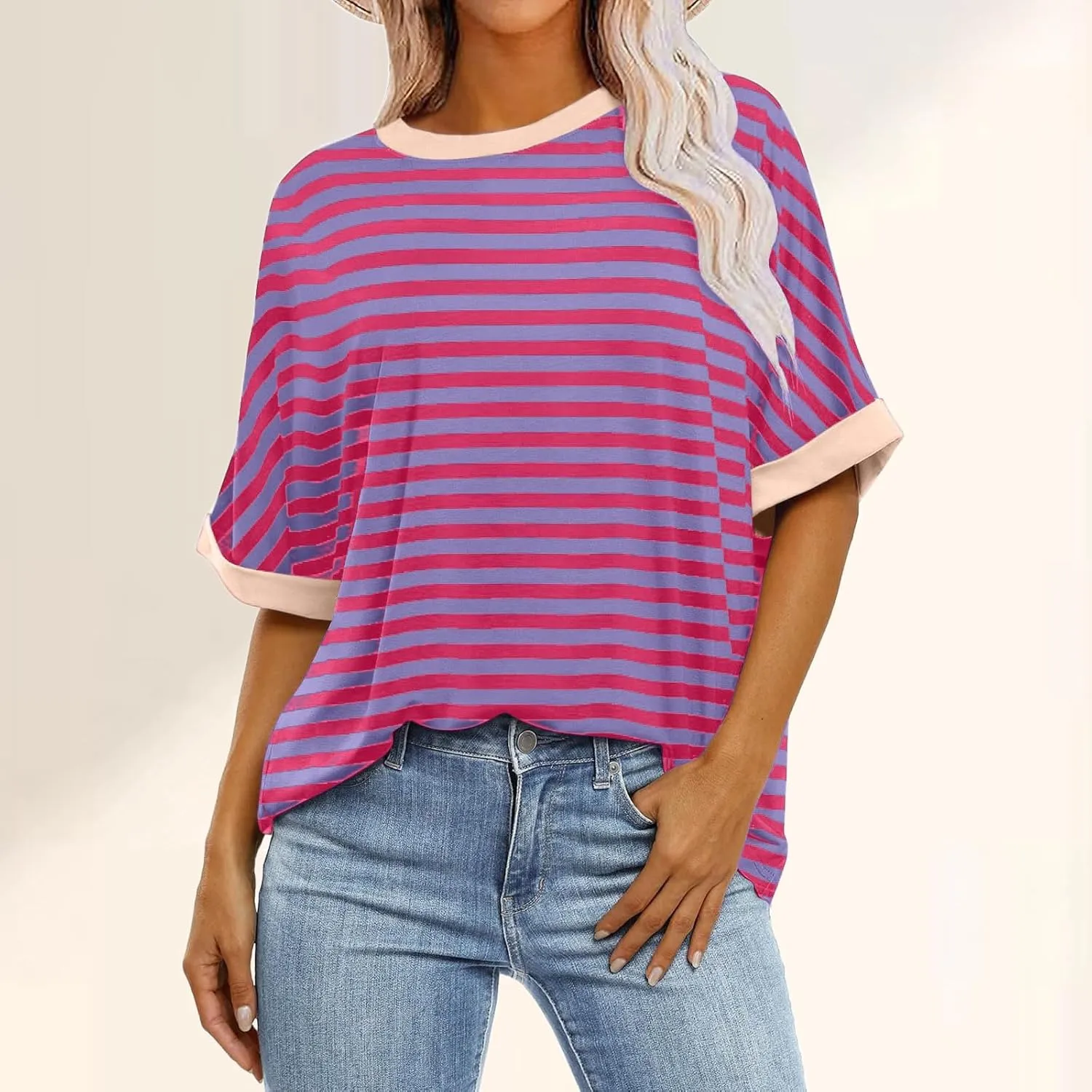 Womens Oversized T Shirts Loose Fit Crewneck Short Sleeve Casual Blouse Y2K Tee Tops Oversized Striped Shirts