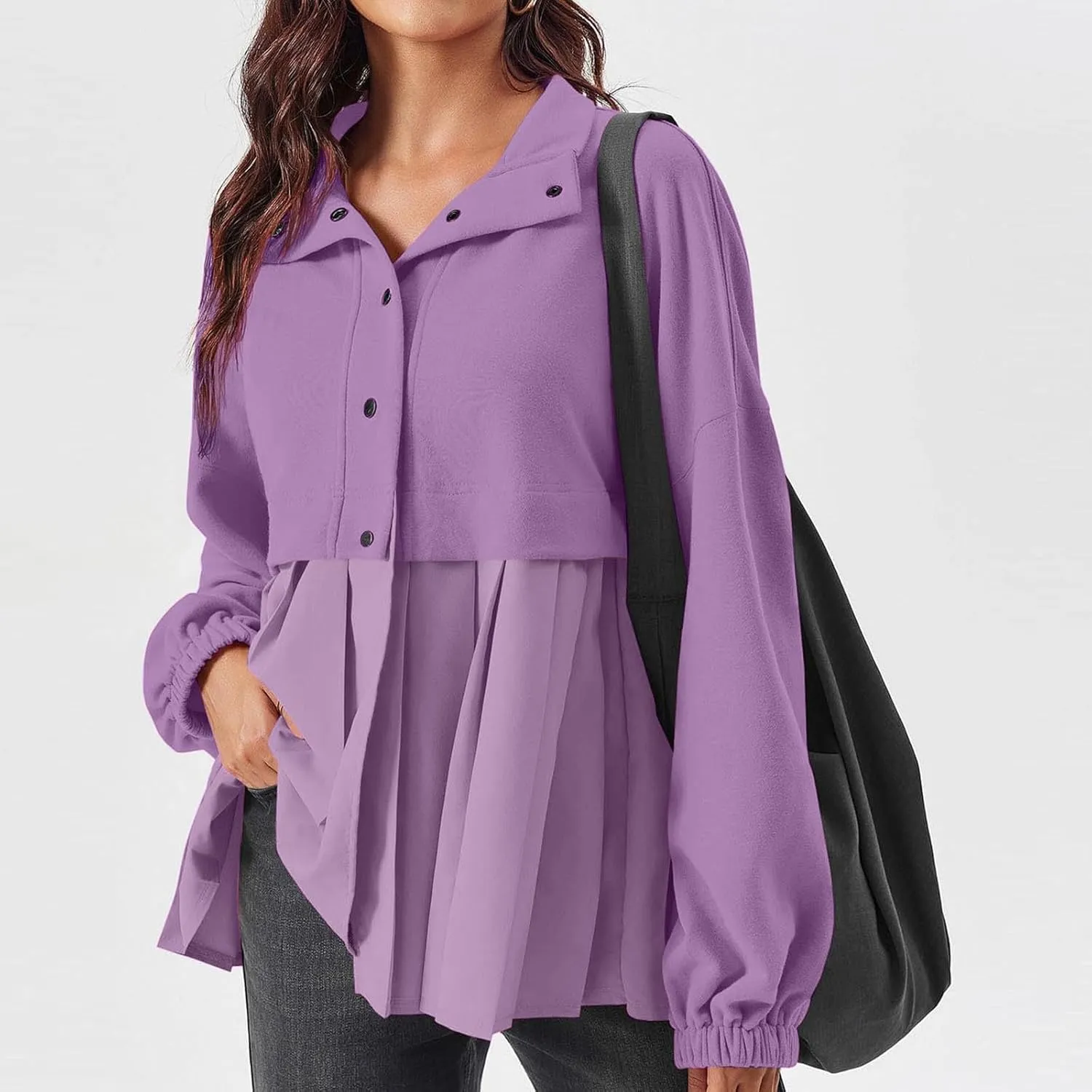 Women's Snaps Down Jackets Long Sleeve Pleated Patchwork Casual Loose Flowy Sweatshirts Fall Fashion Coats