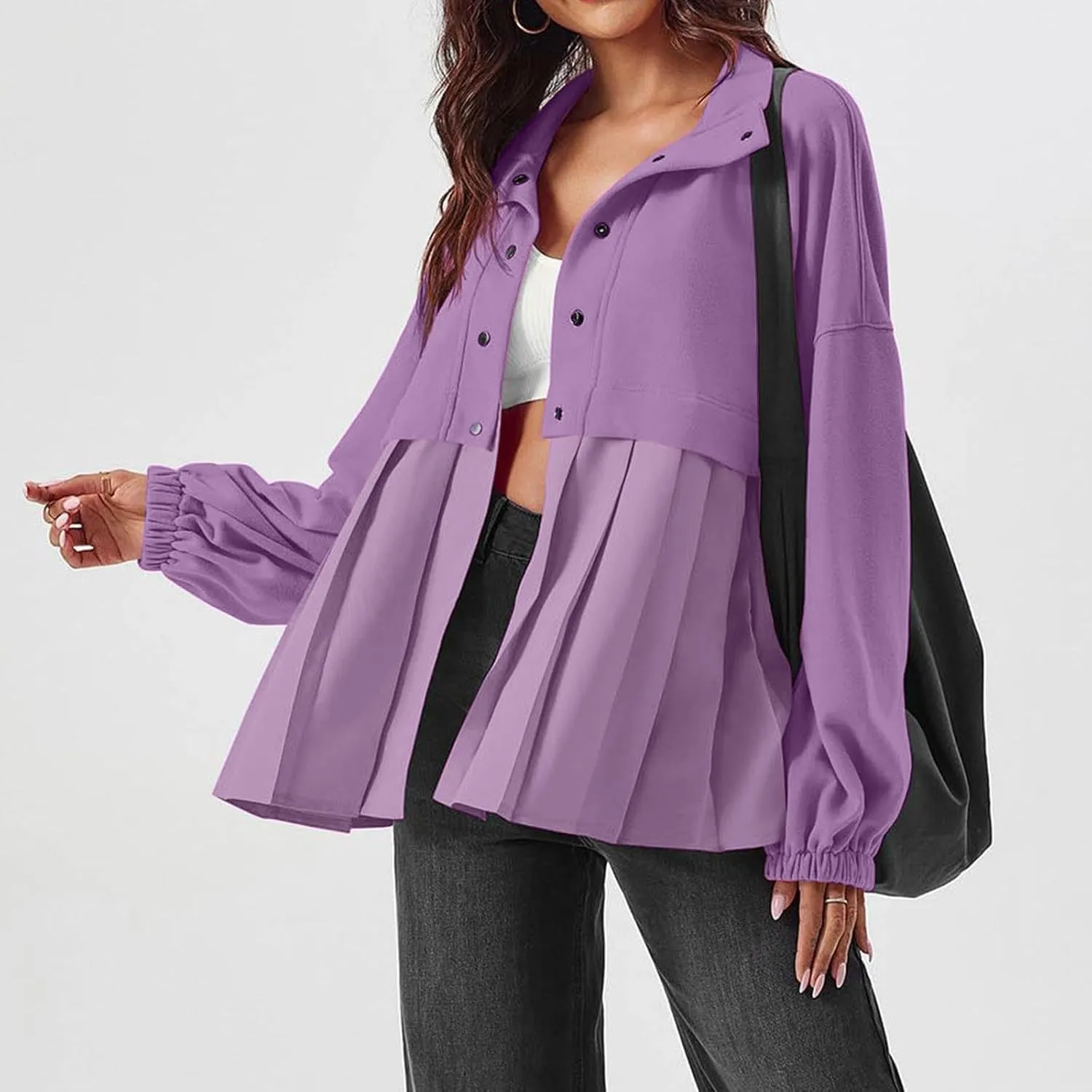 Women's Snaps Down Jackets Long Sleeve Pleated Patchwork Casual Loose Flowy Sweatshirts Fall Fashion Coats