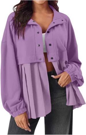 Women's Snaps Down Jackets Long Sleeve Pleated Patchwork Casual Loose Flowy Sweatshirts Fall Fashion Coats