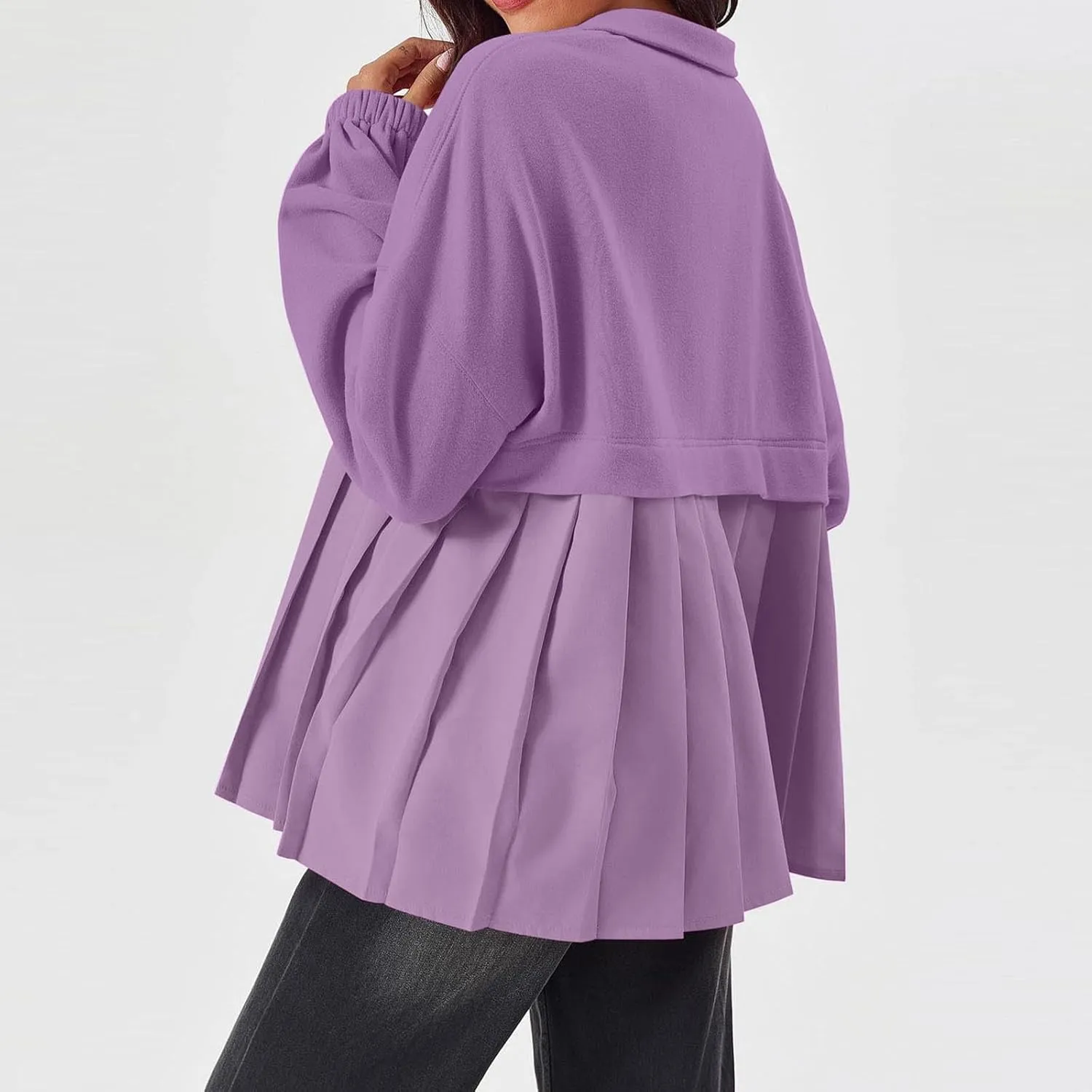 Women's Snaps Down Jackets Long Sleeve Pleated Patchwork Casual Loose Flowy Sweatshirts Fall Fashion Coats