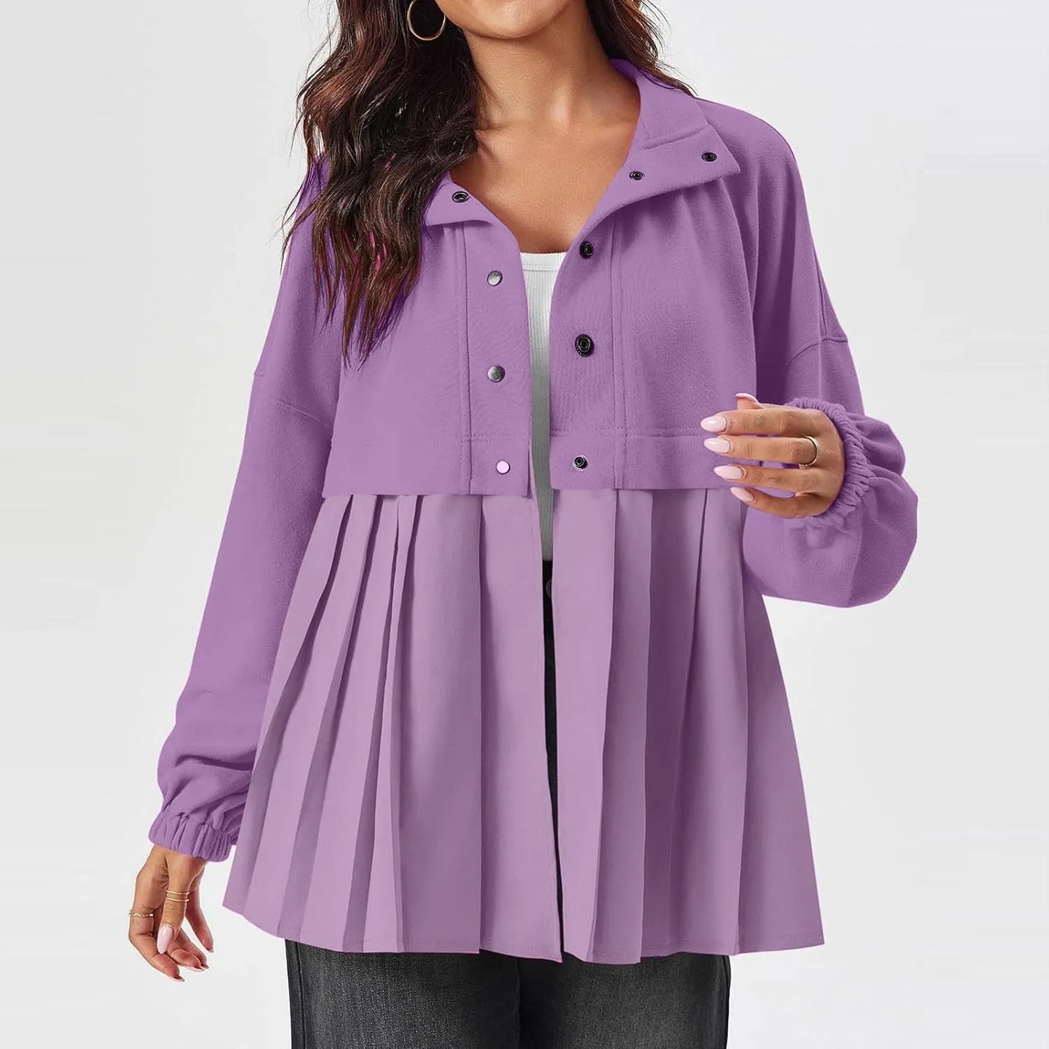Women's Snaps Down Jackets Long Sleeve Pleated Patchwork Casual Loose Flowy Sweatshirts Fall Fashion Coats