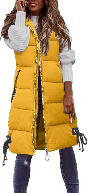 Womens Vest Down Jackets Sleeveless Loose Hooded Long Coat Winter Bomber Softshell Puffer Jacket with Zipper Pockets