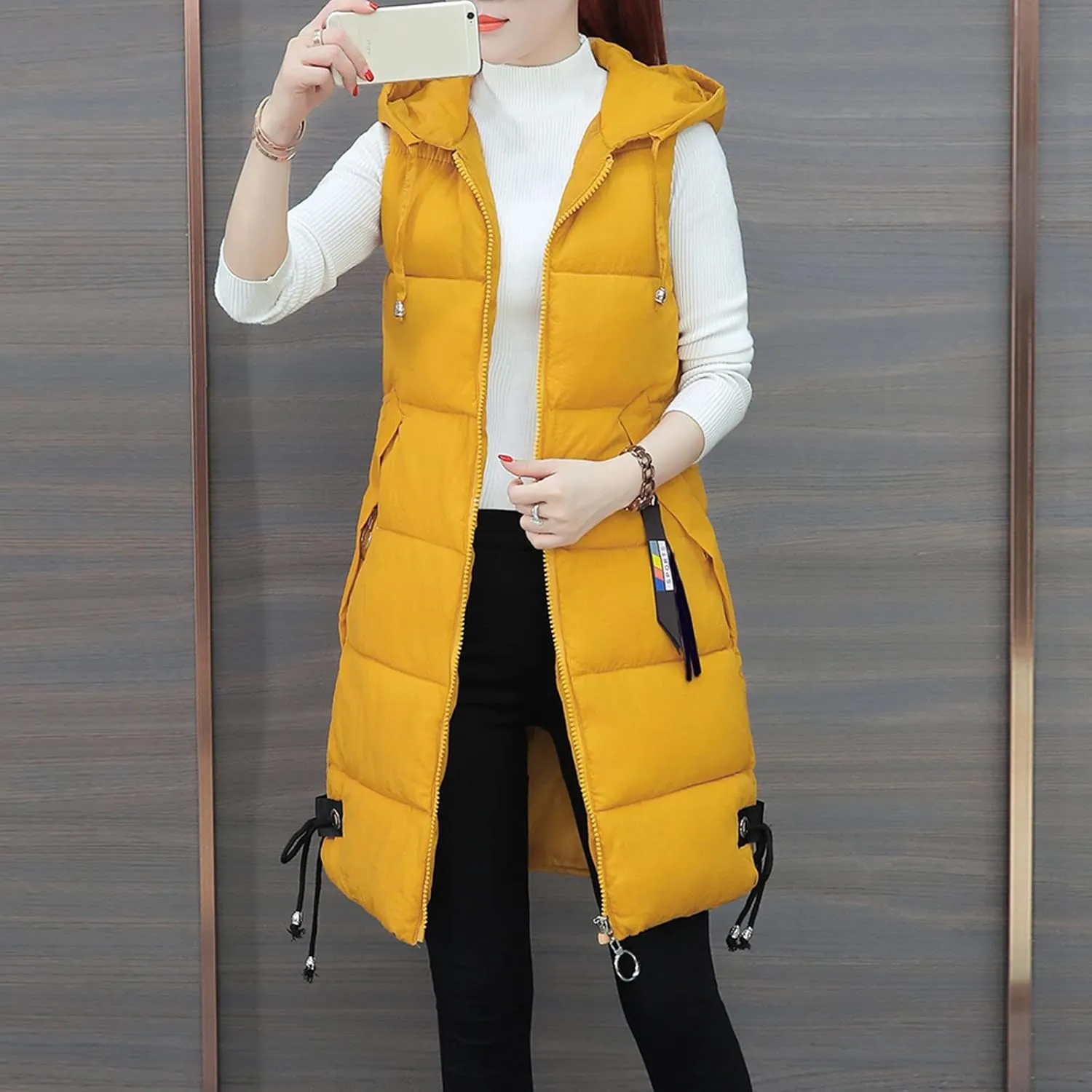 Womens Vest Down Jackets Sleeveless Loose Hooded Long Coat Winter Bomber Softshell Puffer Jacket with Zipper Pockets