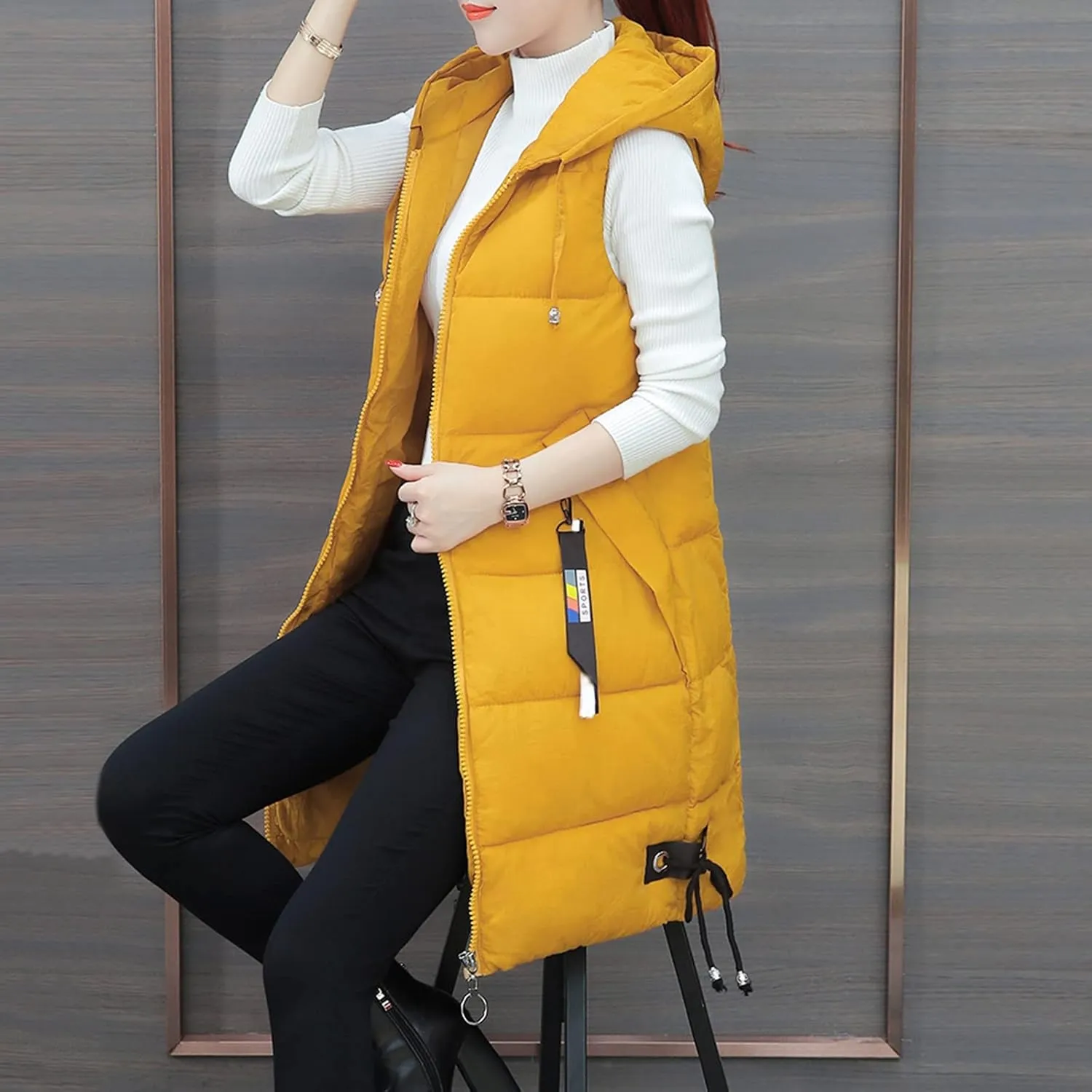 Womens Vest Down Jackets Sleeveless Loose Hooded Long Coat Winter Bomber Softshell Puffer Jacket with Zipper Pockets