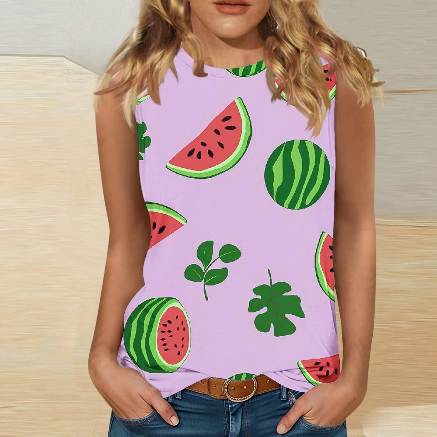 Women's Watermelon Print Tank Top Sleeveless Camisole Loose Fit Crew Neck Tee Shirts Summer Sexy Basic Summer Blouse