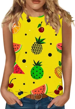 Women's Watermelon Print Tank Top Sleeveless Camisole Loose Fit Crew Neck Tee Shirts Summer Sexy Basic Summer Blouse