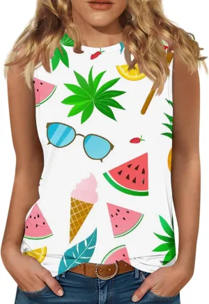 Women's Watermelon Print Tank Top Sleeveless Camisole Loose Fit Crew Neck Tee Shirts Summer Sexy Basic Summer Blouse