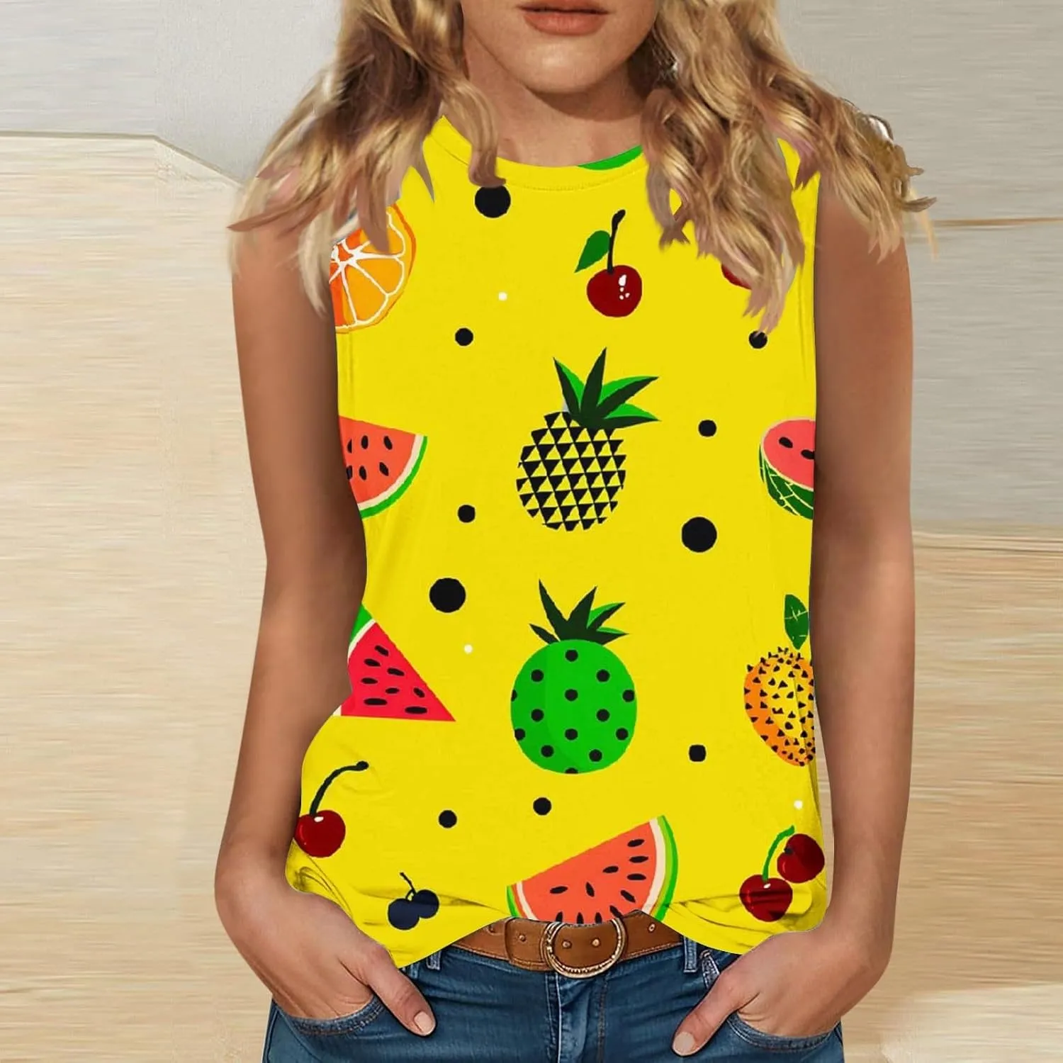 Women's Watermelon Print Tank Top Sleeveless Camisole Loose Fit Crew Neck Tee Shirts Summer Sexy Basic Summer Blouse