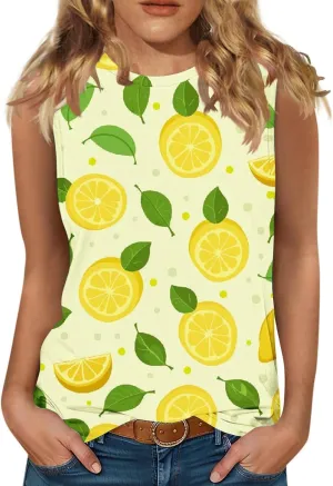 Women's Watermelon Print Tank Top Sleeveless Camisole Loose Fit Crew Neck Tee Shirts Summer Sexy Basic Summer Blouse