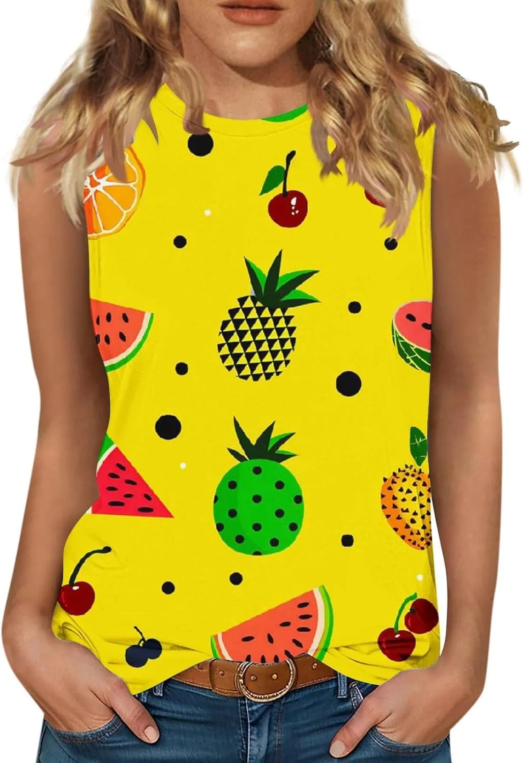 Women's Watermelon Print Tank Top Sleeveless Camisole Loose Fit Crew Neck Tee Shirts Summer Sexy Basic Summer Blouse