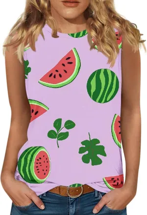 Women's Watermelon Print Tank Top Sleeveless Camisole Loose Fit Crew Neck Tee Shirts Summer Sexy Basic Summer Blouse