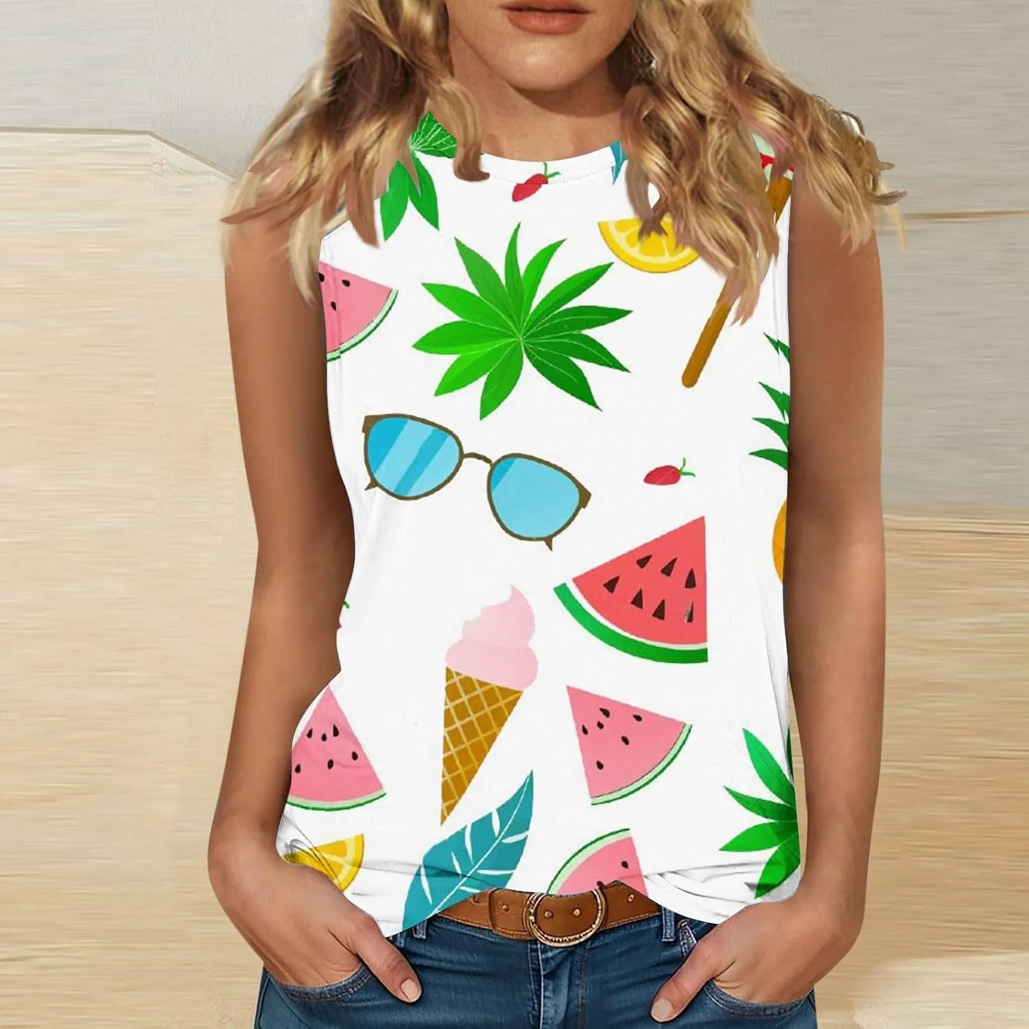 Women's Watermelon Print Tank Top Sleeveless Camisole Loose Fit Crew Neck Tee Shirts Summer Sexy Basic Summer Blouse