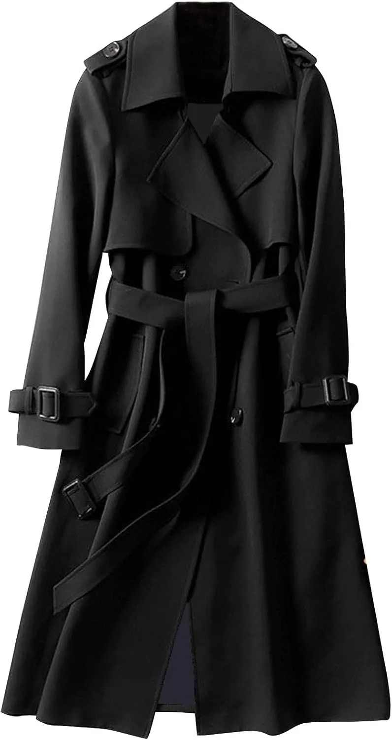 Womens Windbreaker Coat Solid Slim Fit Lapel Long Overcoat With Belt Elagant Oversized Dress Parka Jacekt for Women
