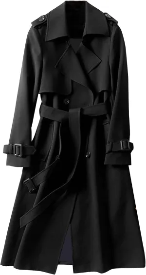Womens Windbreaker Coat Solid Slim Fit Lapel Long Overcoat With Belt Elagant Oversized Dress Parka Jacekt for Women