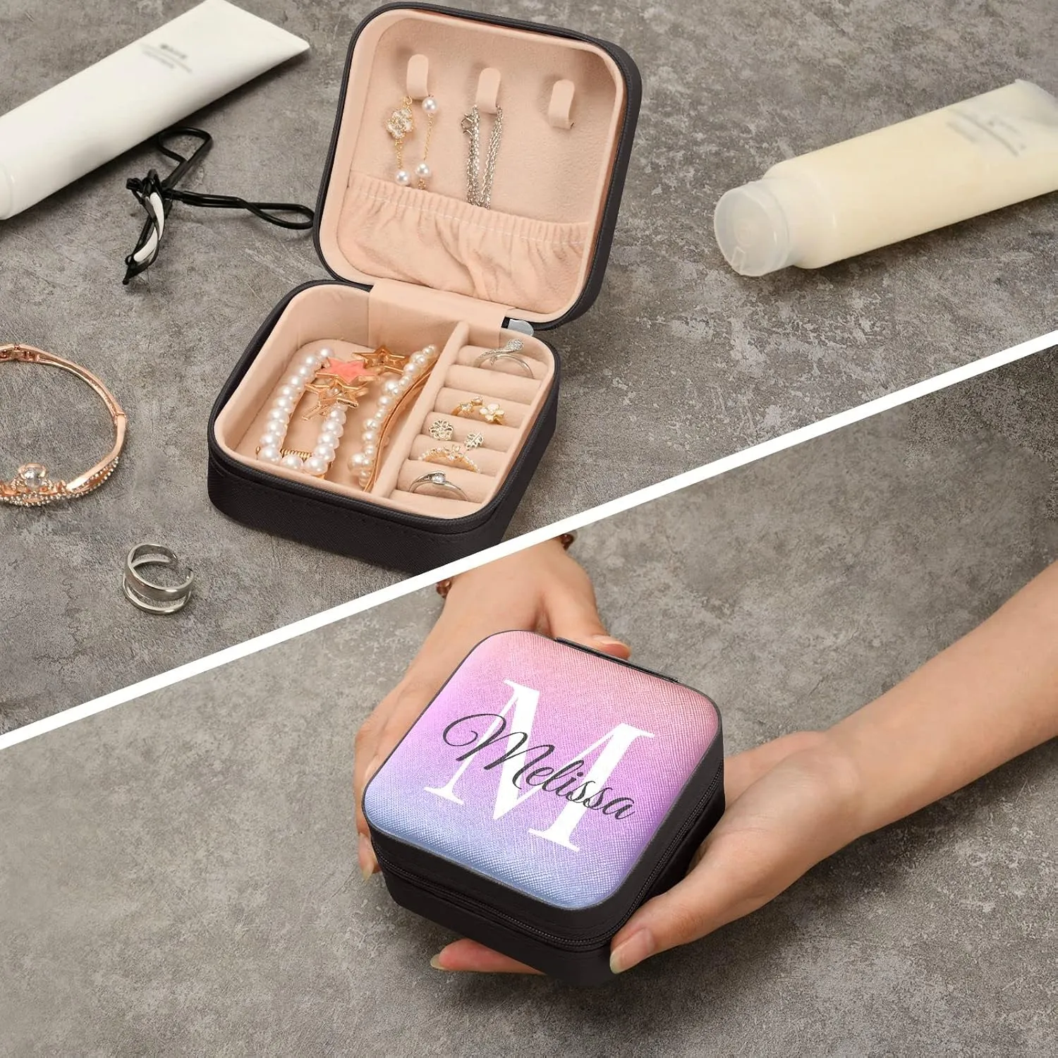 Yellow Blue Gradient Custom Travel Jewelry Case PU Leather Personalized Portable Jewelry Box Travel Jewelry Organizer Small Jewelry Box for Ring Earring Gifts Necklace Display Box Holder for Women