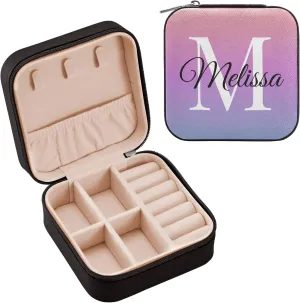 Yellow Blue Gradient Custom Travel Jewelry Case PU Leather Personalized Portable Jewelry Box Travel Jewelry Organizer Small Jewelry Box for Ring Earring Gifts Necklace Display Box Holder for Women