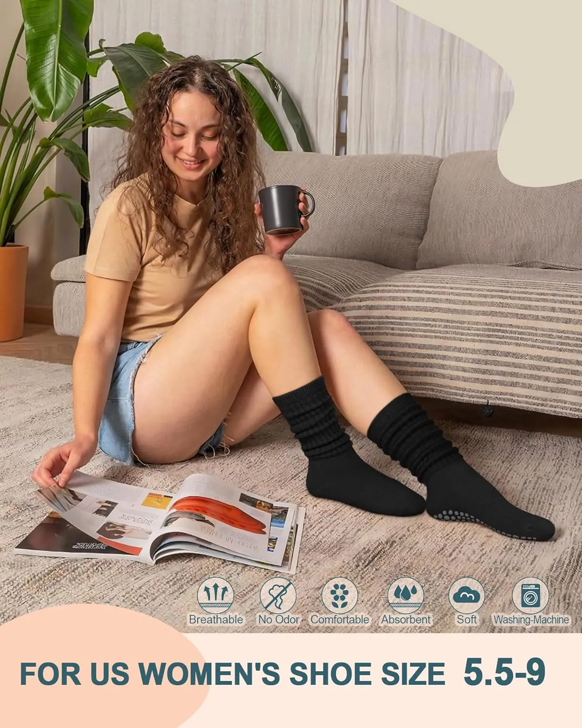 yeuG 4 Pairs Grip Pilates Socks for Women Yoga Slouch Socks with Grips for Barre Grippy Socks Long Scrunch Slipper Socks