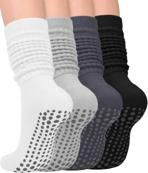 yeuG 4 Pairs Grip Pilates Socks for Women Yoga Slouch Socks with Grips for Barre Grippy Socks Long Scrunch Slipper Socks