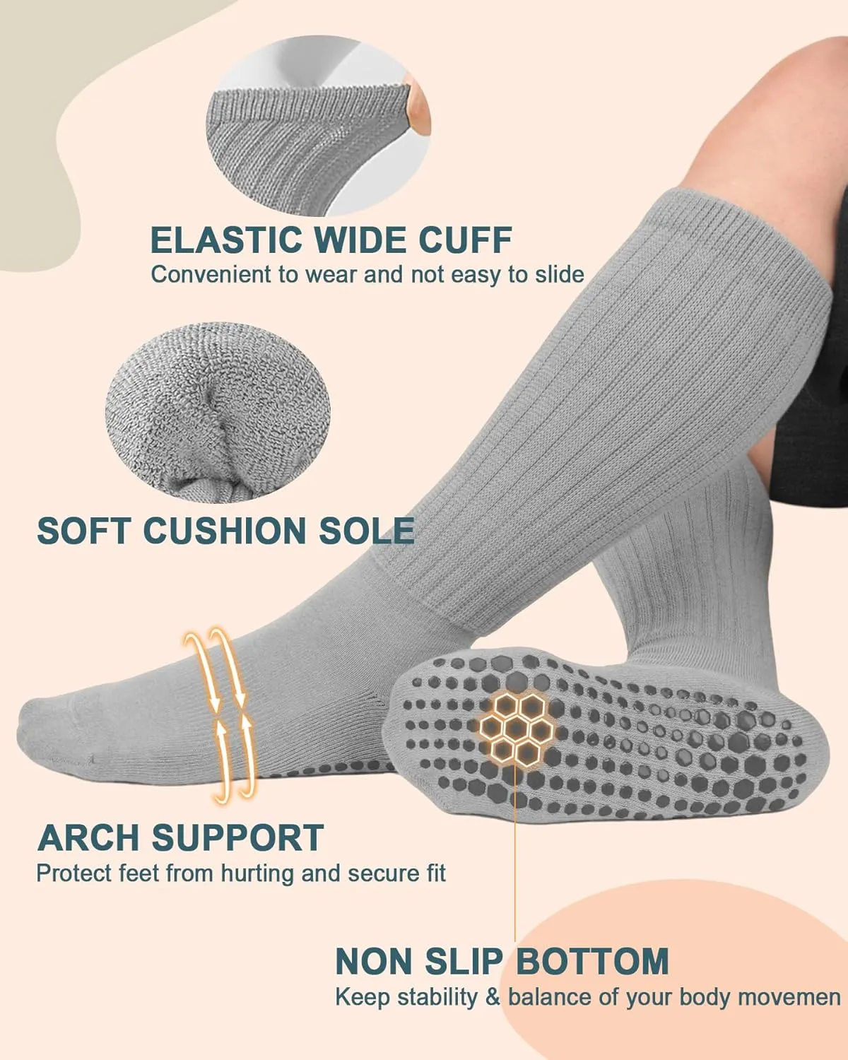 yeuG 4 Pairs Grip Pilates Socks for Women Yoga Slouch Socks with Grips for Barre Grippy Socks Long Scrunch Slipper Socks