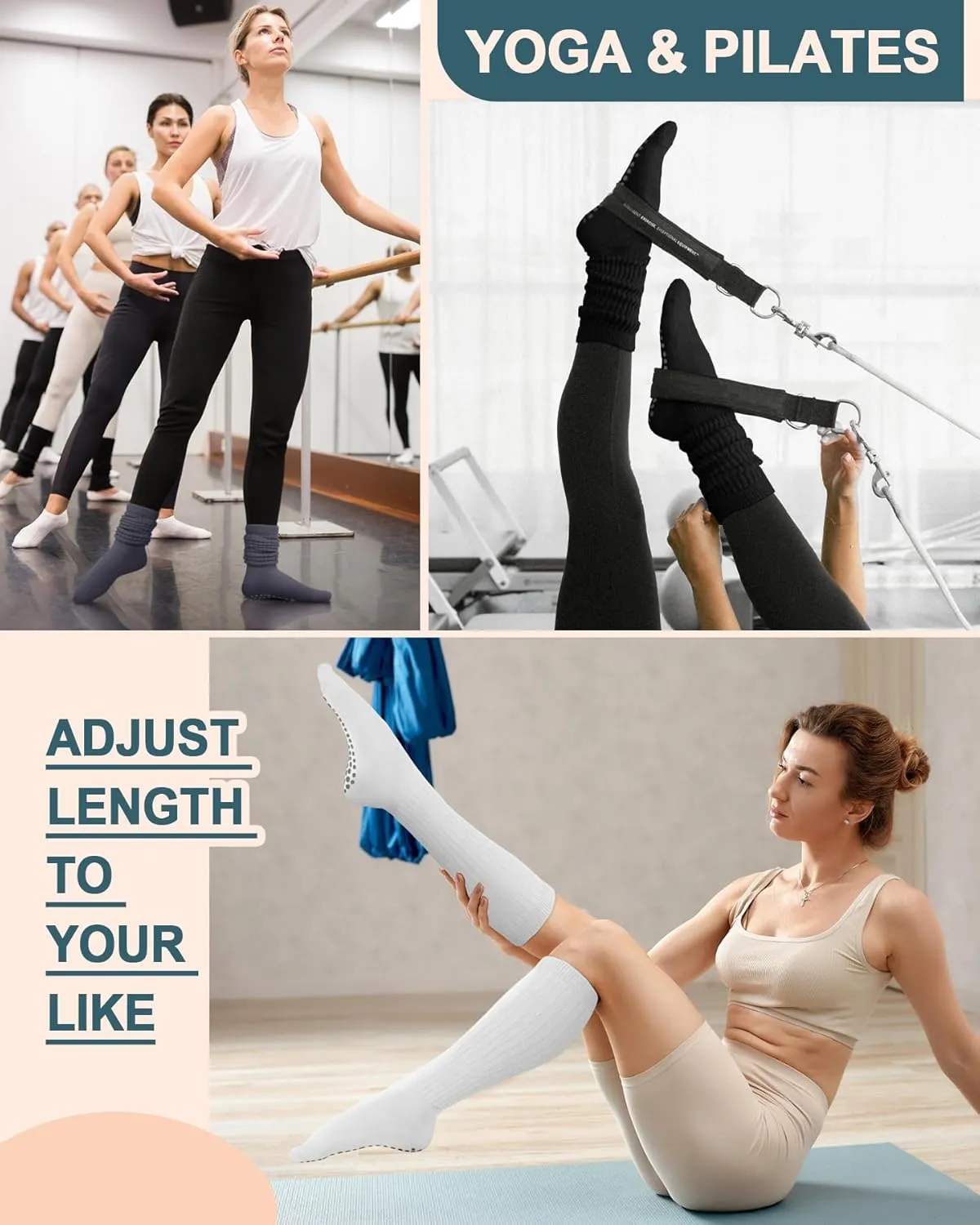 yeuG 4 Pairs Grip Pilates Socks for Women Yoga Slouch Socks with Grips for Barre Grippy Socks Long Scrunch Slipper Socks