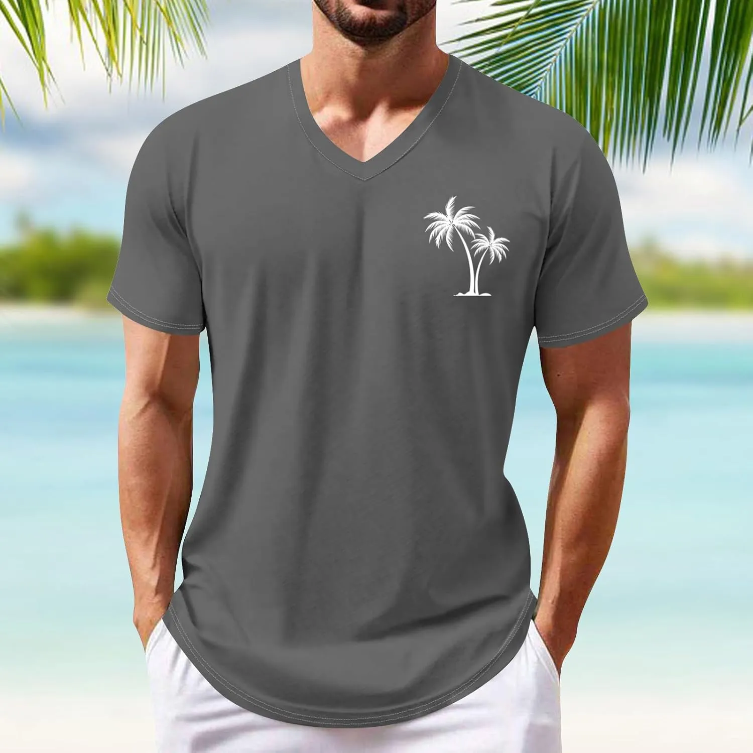 Ymosrh Men's Summer Beach Tee Shirts Short Sleeve Palm Tree T-Shirts Casual V Neck Tee Top Undershirts, S-3XL