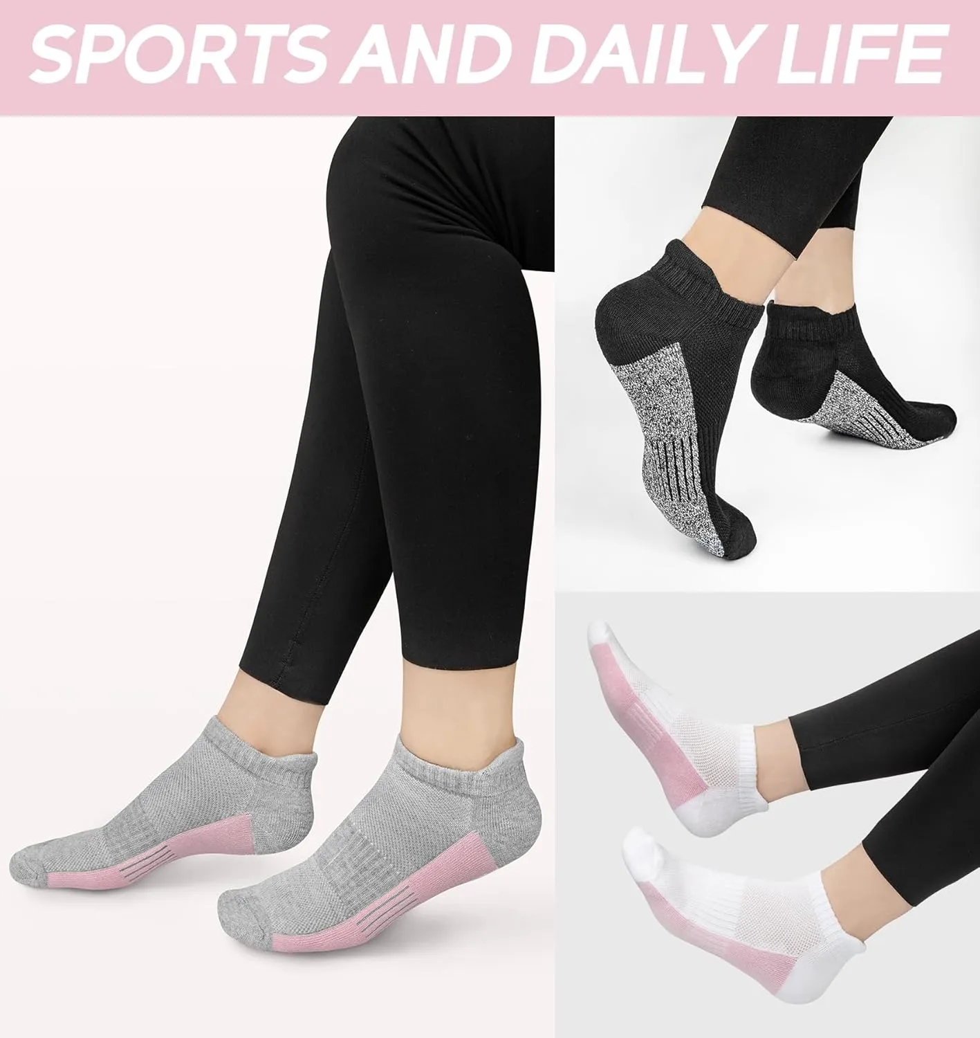 YSense Women's Ankle Socks - 6 Pairs Wicking Athletic Running Socks With Thick Cotton Cushioned Soles and Tabs