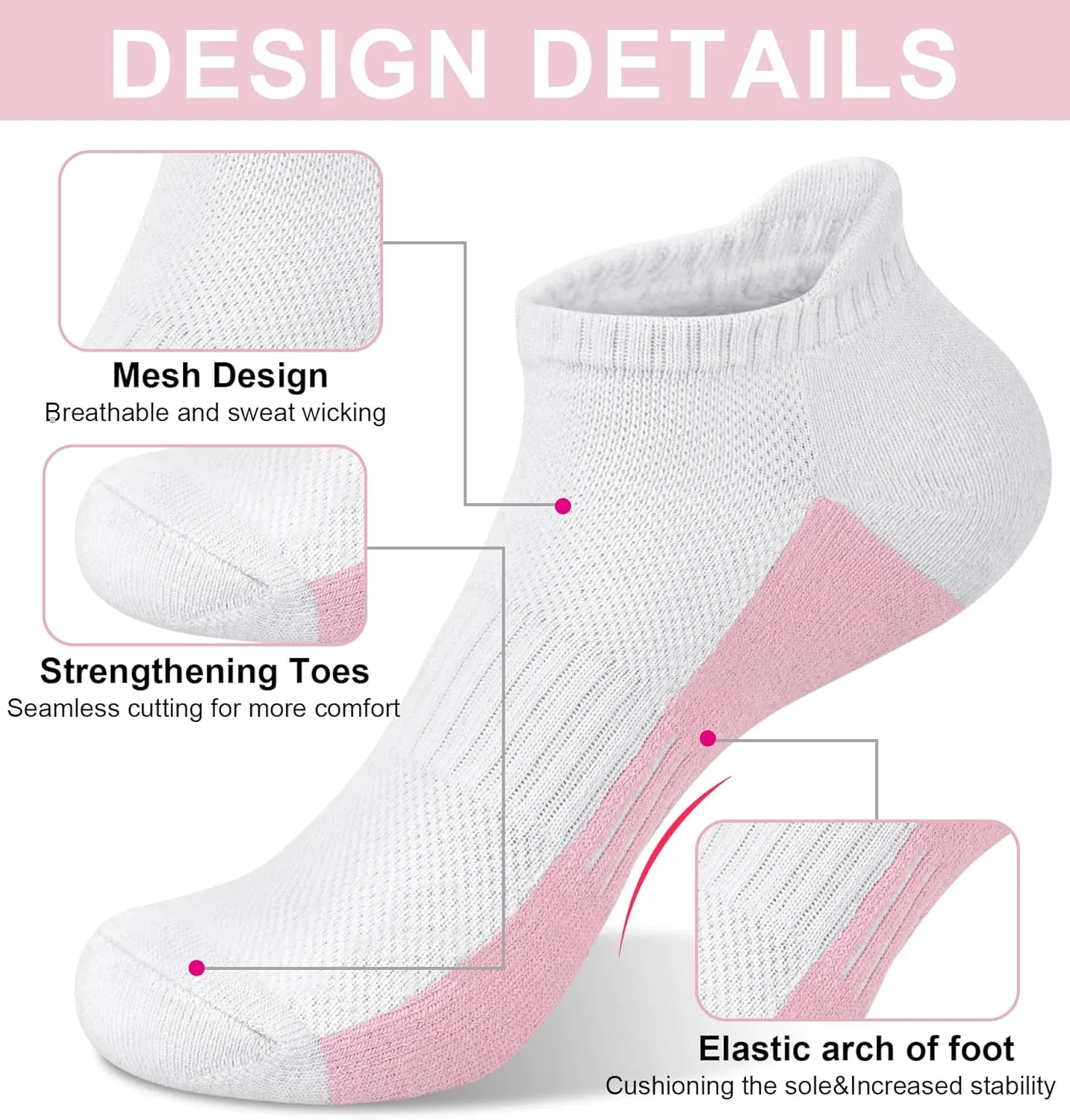 YSense Women's Ankle Socks - 6 Pairs Wicking Athletic Running Socks With Thick Cotton Cushioned Soles and Tabs