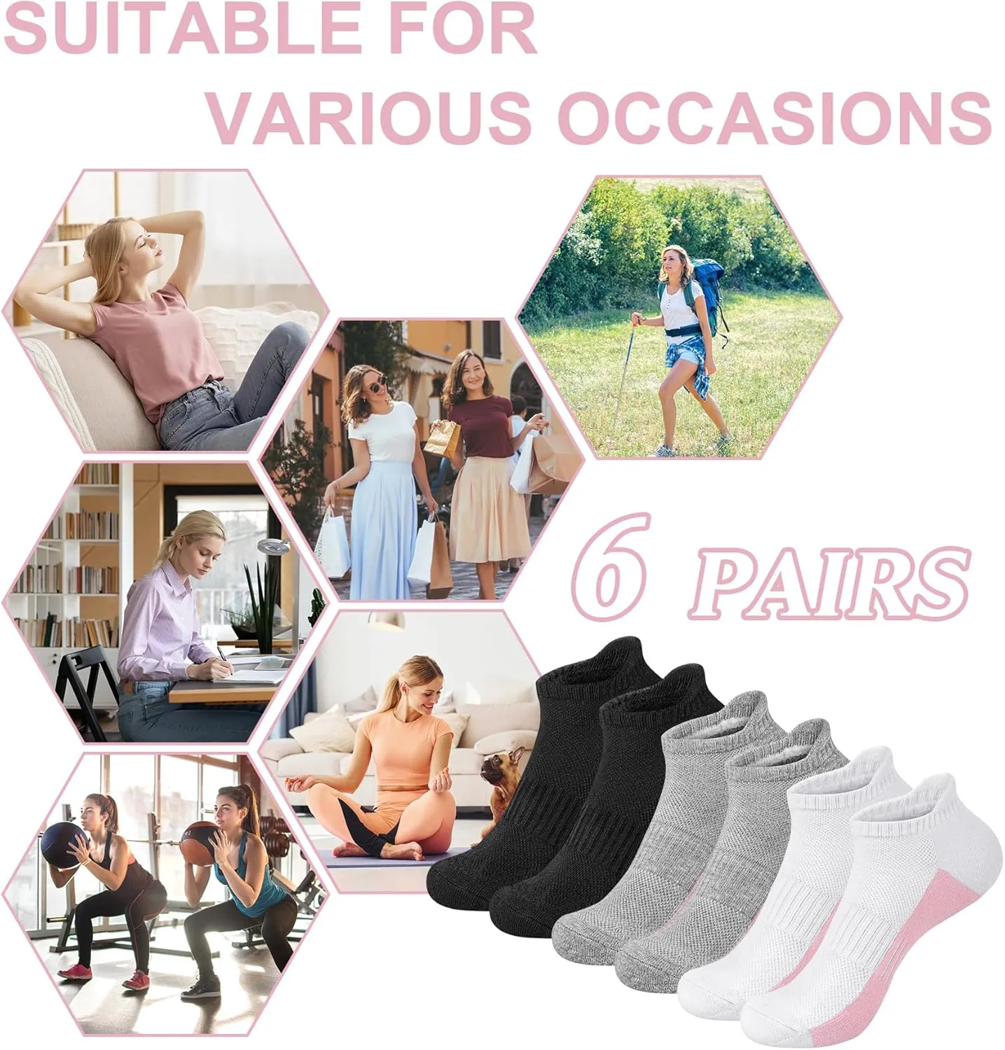 YSense Women's Ankle Socks - 6 Pairs Wicking Athletic Running Socks With Thick Cotton Cushioned Soles and Tabs