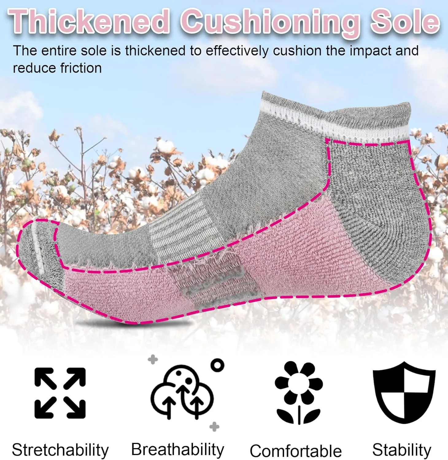 YSense Women's Ankle Socks - 6 Pairs Wicking Athletic Running Socks With Thick Cotton Cushioned Soles and Tabs